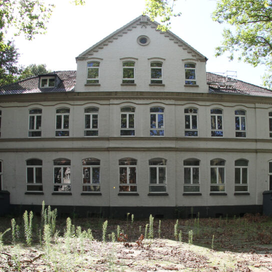 Historisches Stadthaus mit Giebel und weißer Ziegelfassade, viele Fenster, verwilderter Vorgarten, umgeben von Bäumen