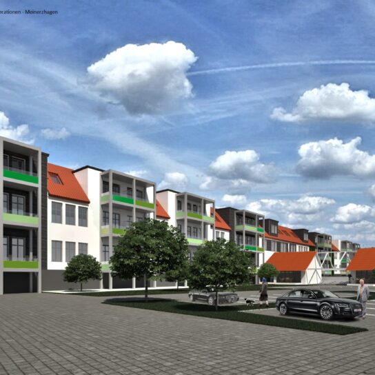 Visualisierung Quartier der Generationen Meinerzhagen: moderne Wohnanlage mit Balkonen, Parkplätzen und Grünflächen