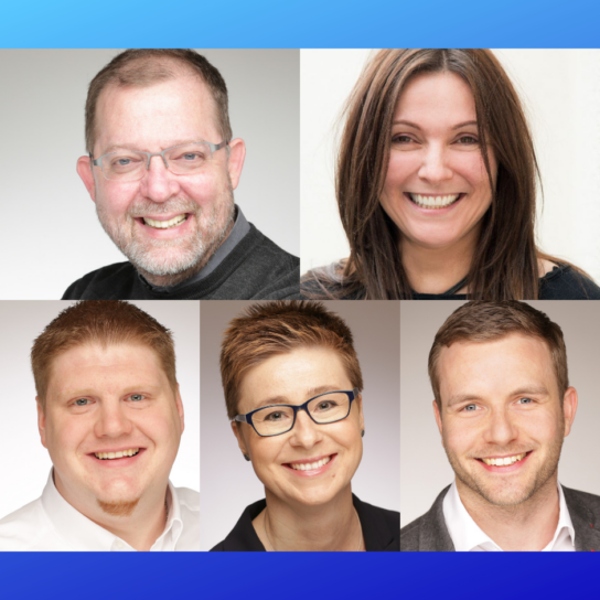 Teamfoto: Fünf lächelnde Business-Porträts in Collage – diverse Mitarbeiter, professionelle Headshots für Unternehmensseite